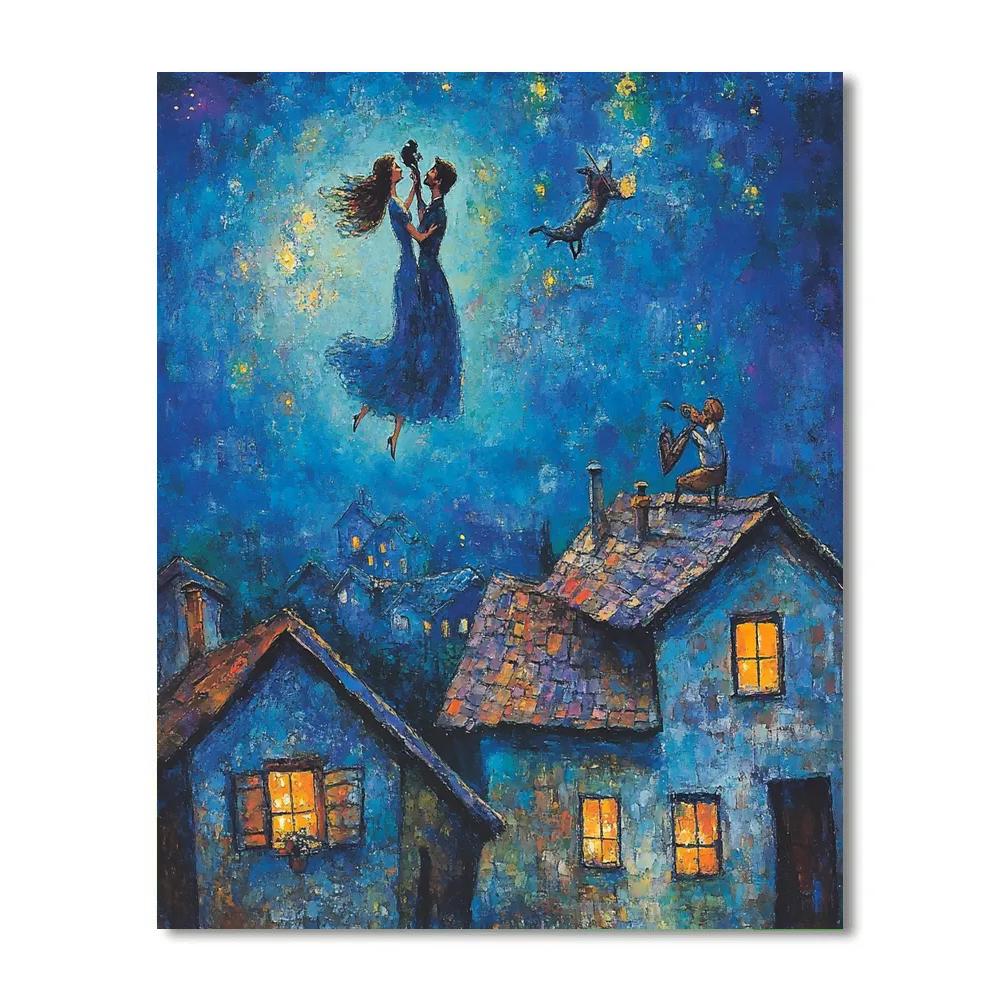Marc Chagall Inspired Lovers Over Village Rooftops Paint by numbers art
