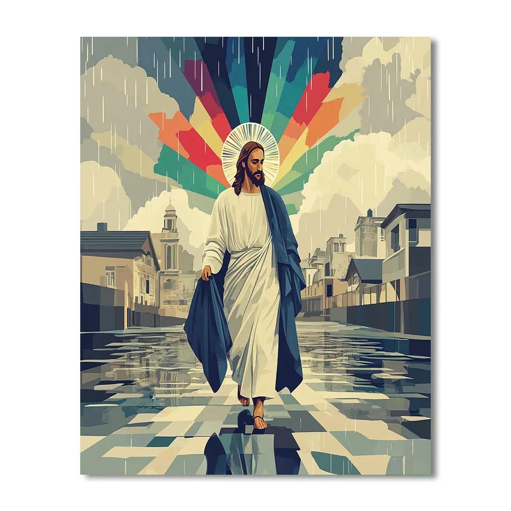 Jesus With Prism Halo In The Rain paint by number