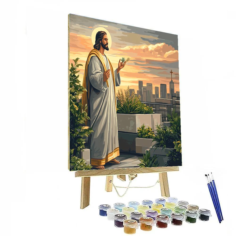City Rooftop Parable With Jesus At Sunset paint by number