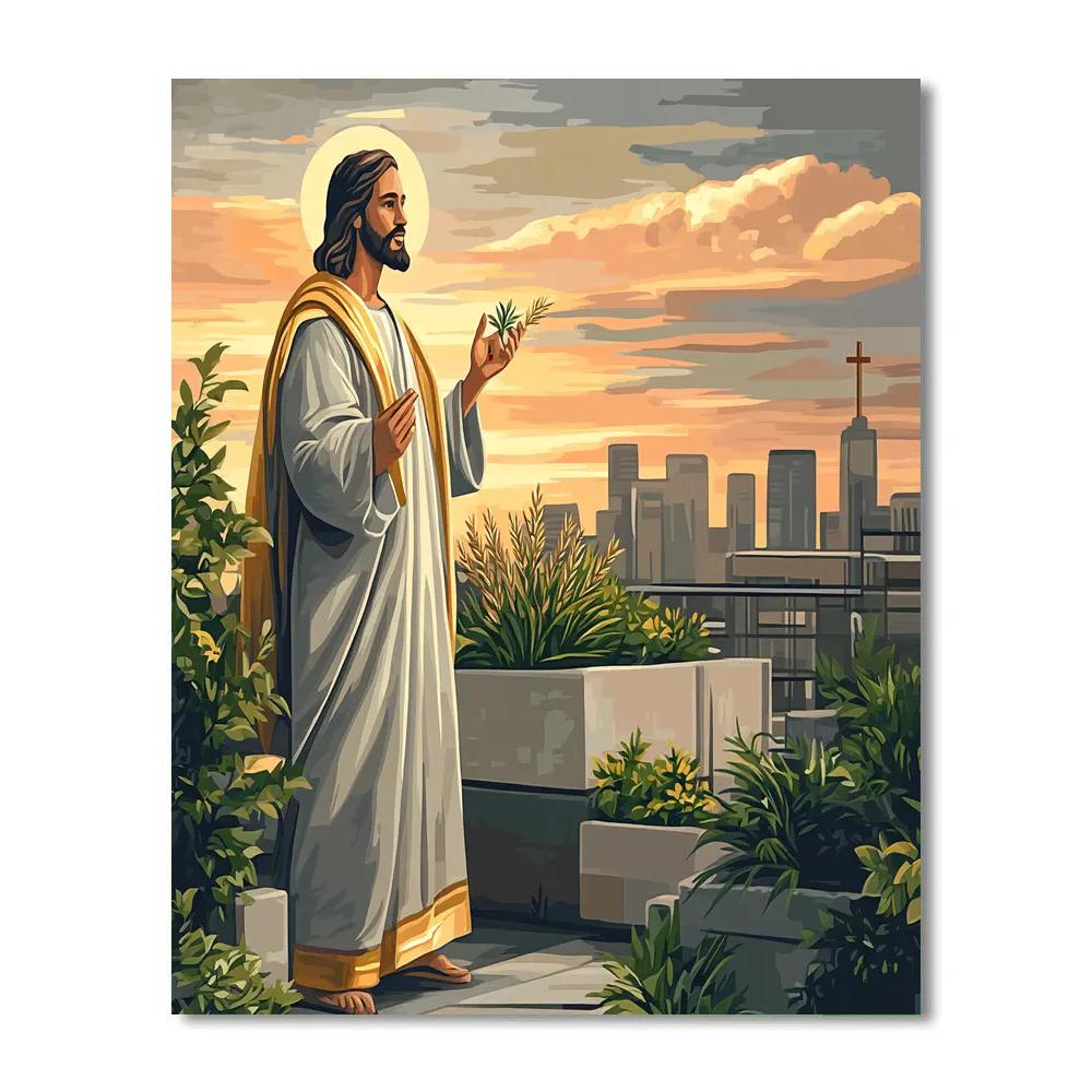 City Rooftop Parable With Jesus At Sunset paint by number