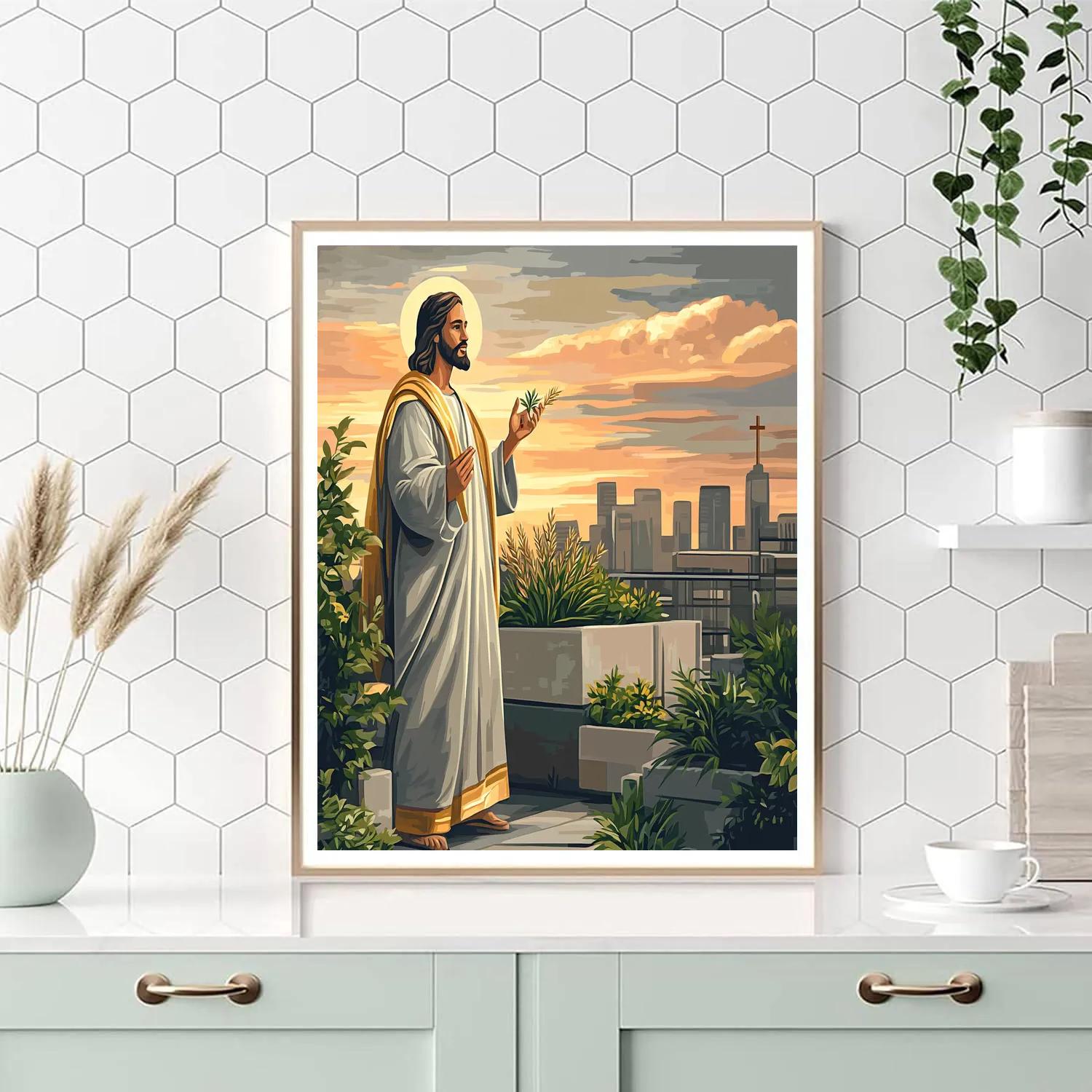 City Rooftop Parable With Jesus At Sunset paint by number