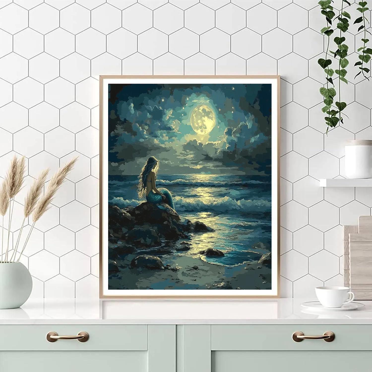 John William Waterhouse Inspired Mermaid At Moonlit Shore paint by numbers