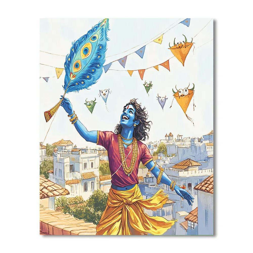 Krishna Kite Festival Over Vrindavan Rooftops paint by color