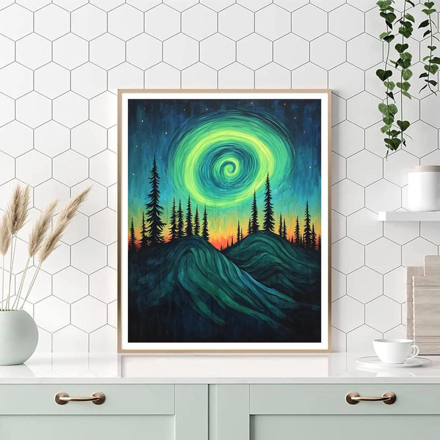 Edvard Munch Inspired Aurora Over Trembling Pine Ridge Painting by numbers kit