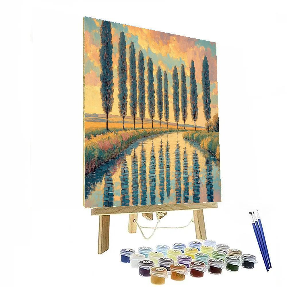 Claude Monet Inspired Poplar Riverbank In Apricot Haze paint by number