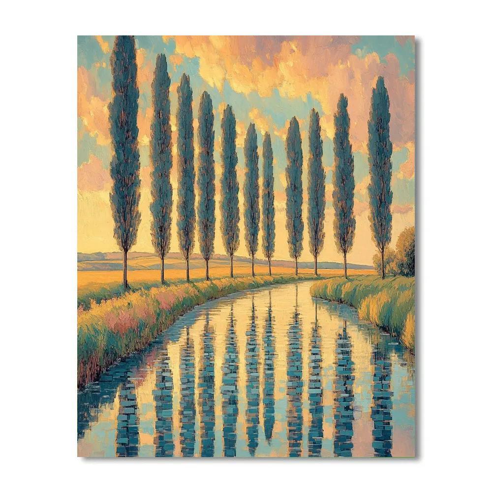 Claude Monet Inspired Poplar Riverbank In Apricot Haze paint by number