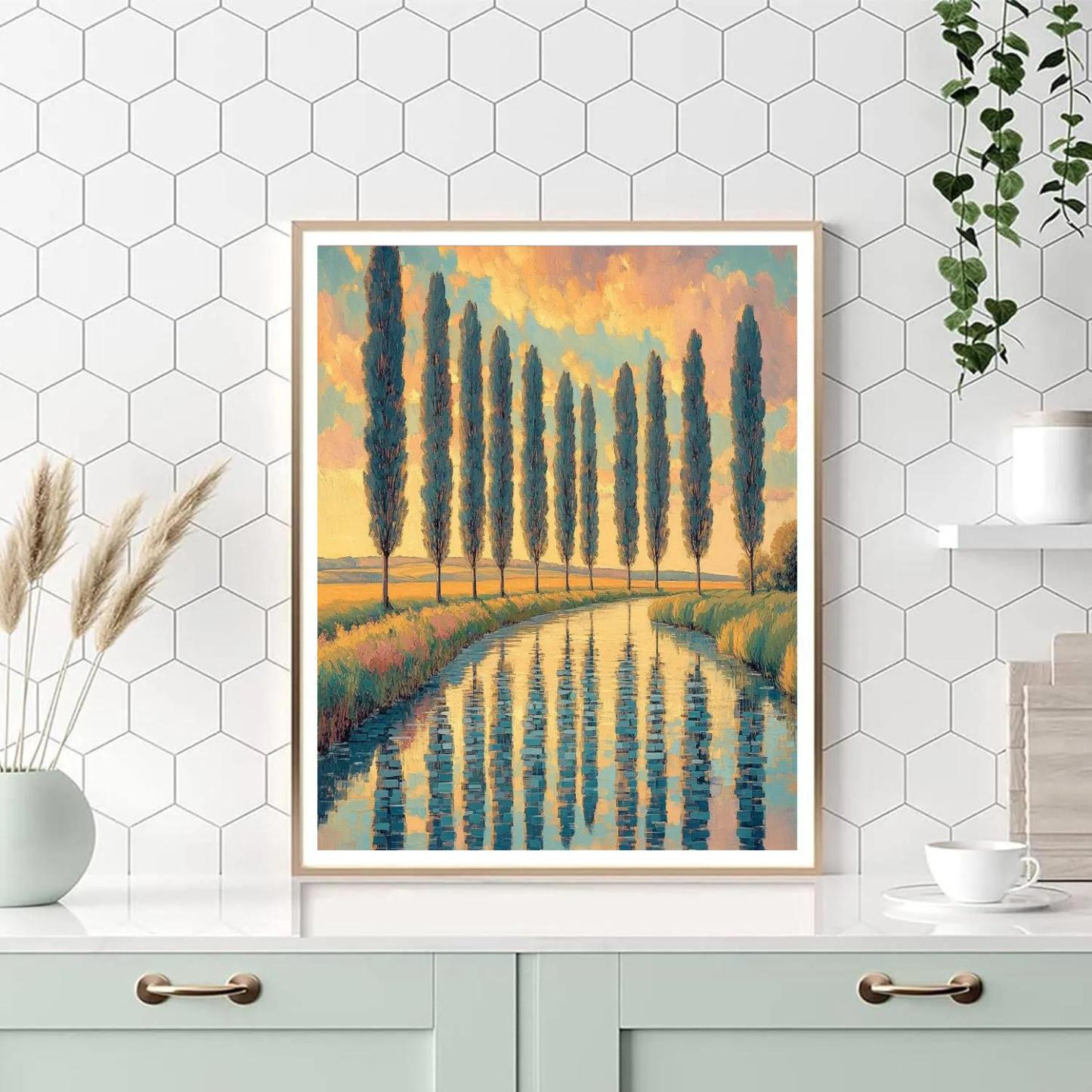 Claude Monet Inspired Poplar Riverbank In Apricot Haze paint by number