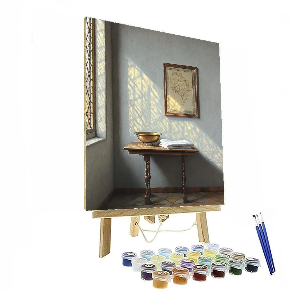 Johannes Vermeer Inspired Sunbeam Across Empty Map Wall And Brass Basin Paint by numbers kits