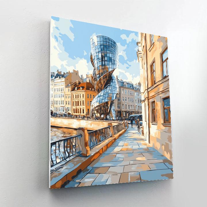 Dancing House Reflections By The River - Prague, Czech Republic Numbered painting kits
