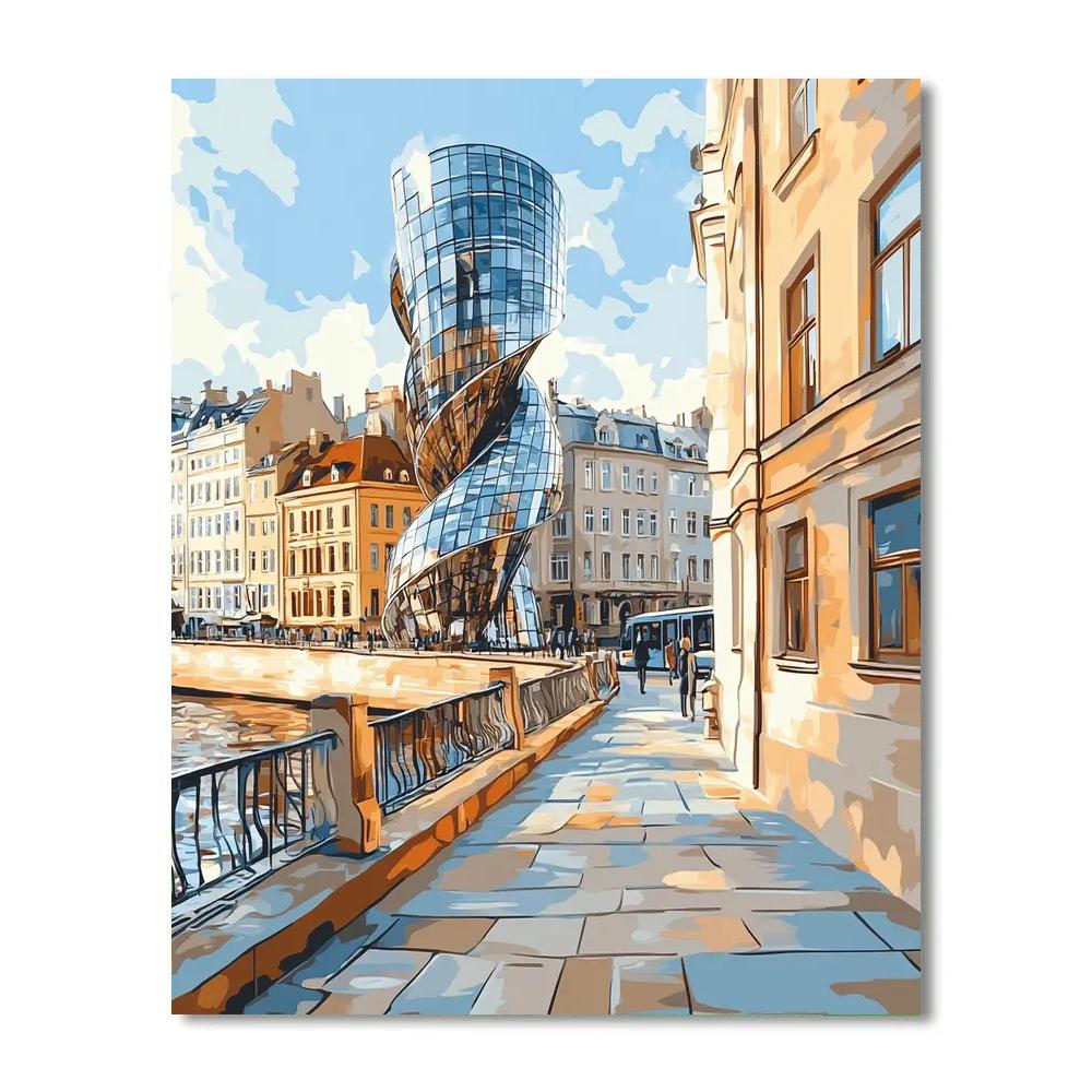 Dancing House Reflections By The River - Prague, Czech Republic Numbered painting kits