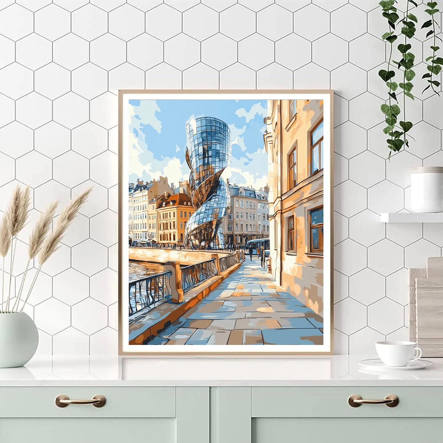 Dancing House Reflections By The River - Prague, Czech Republic Numbered painting kits