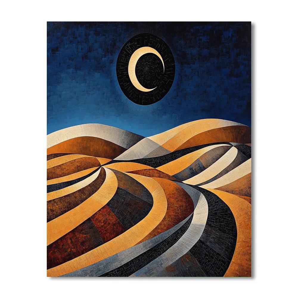 Pablo Picasso Inspired Cubist Eclipse Over Terraced Hills paint by number