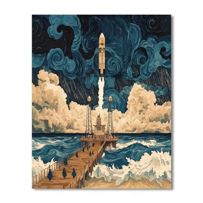 Hokusai Inspired Storm Over Rocket Harbor paint by number