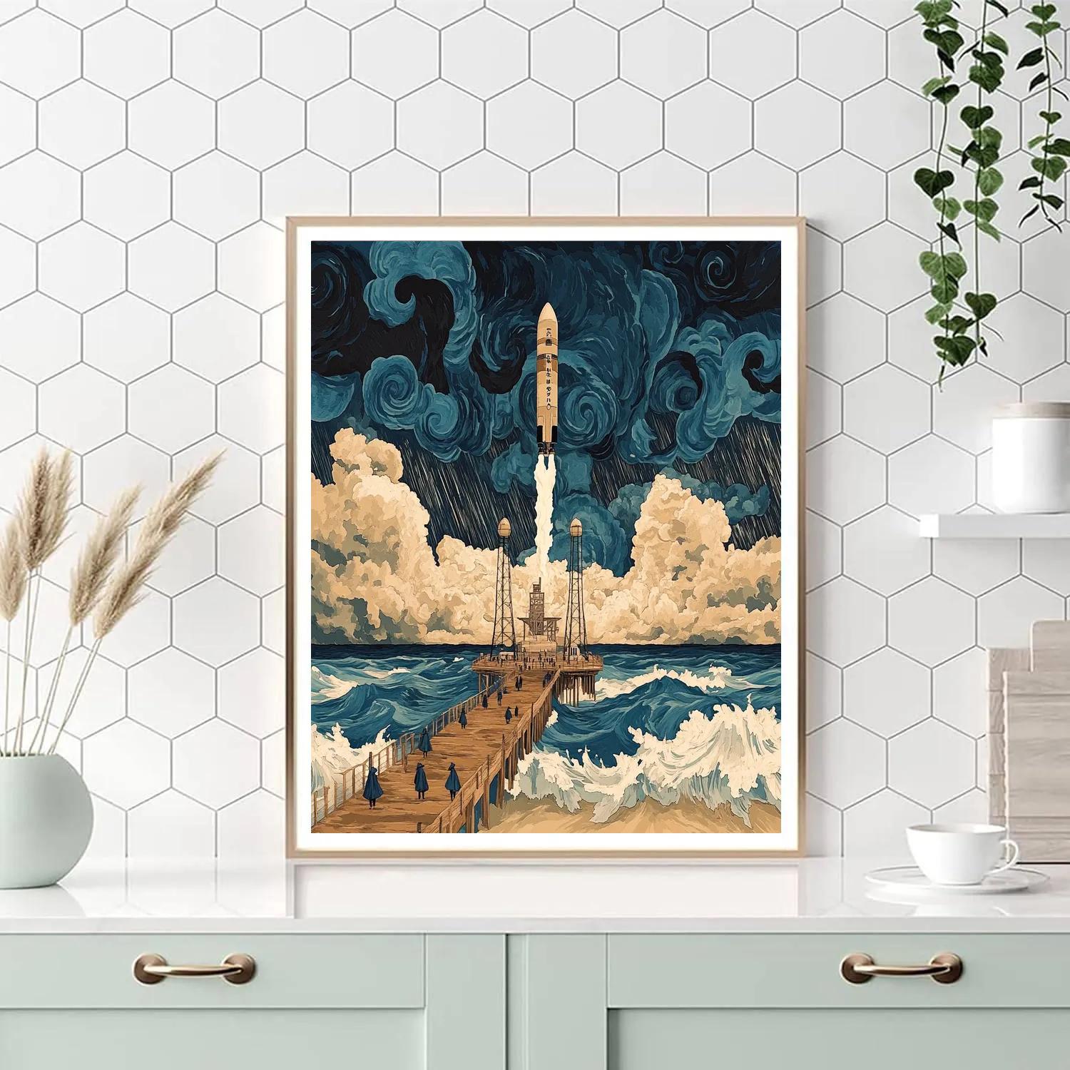 Hokusai Inspired Storm Over Rocket Harbor paint by number