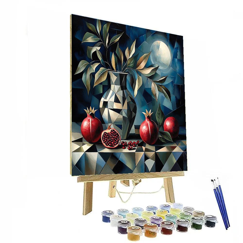Pablo Picasso Inspired Fractured Still Life Of Pomegranates And Moonlit Vase paint by number