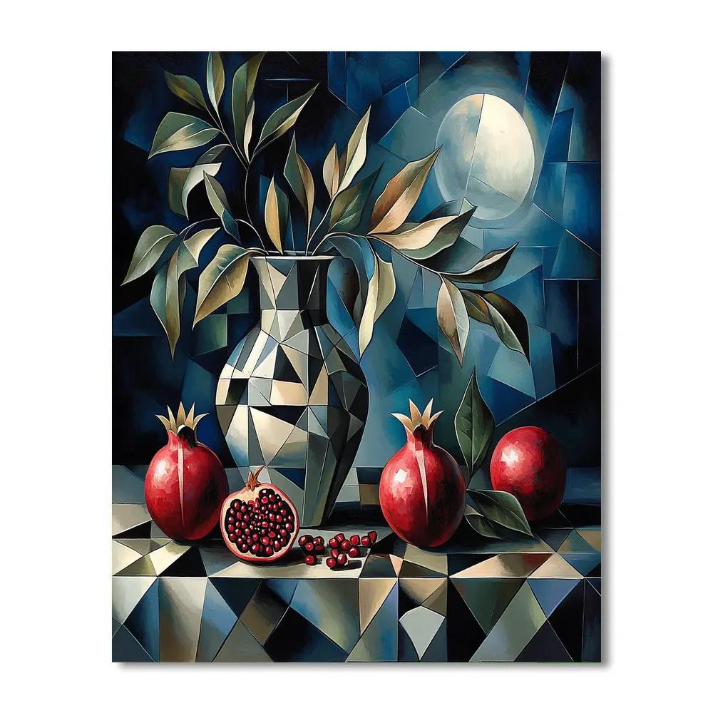 Pablo Picasso Inspired Fractured Still Life Of Pomegranates And Moonlit Vase paint by number