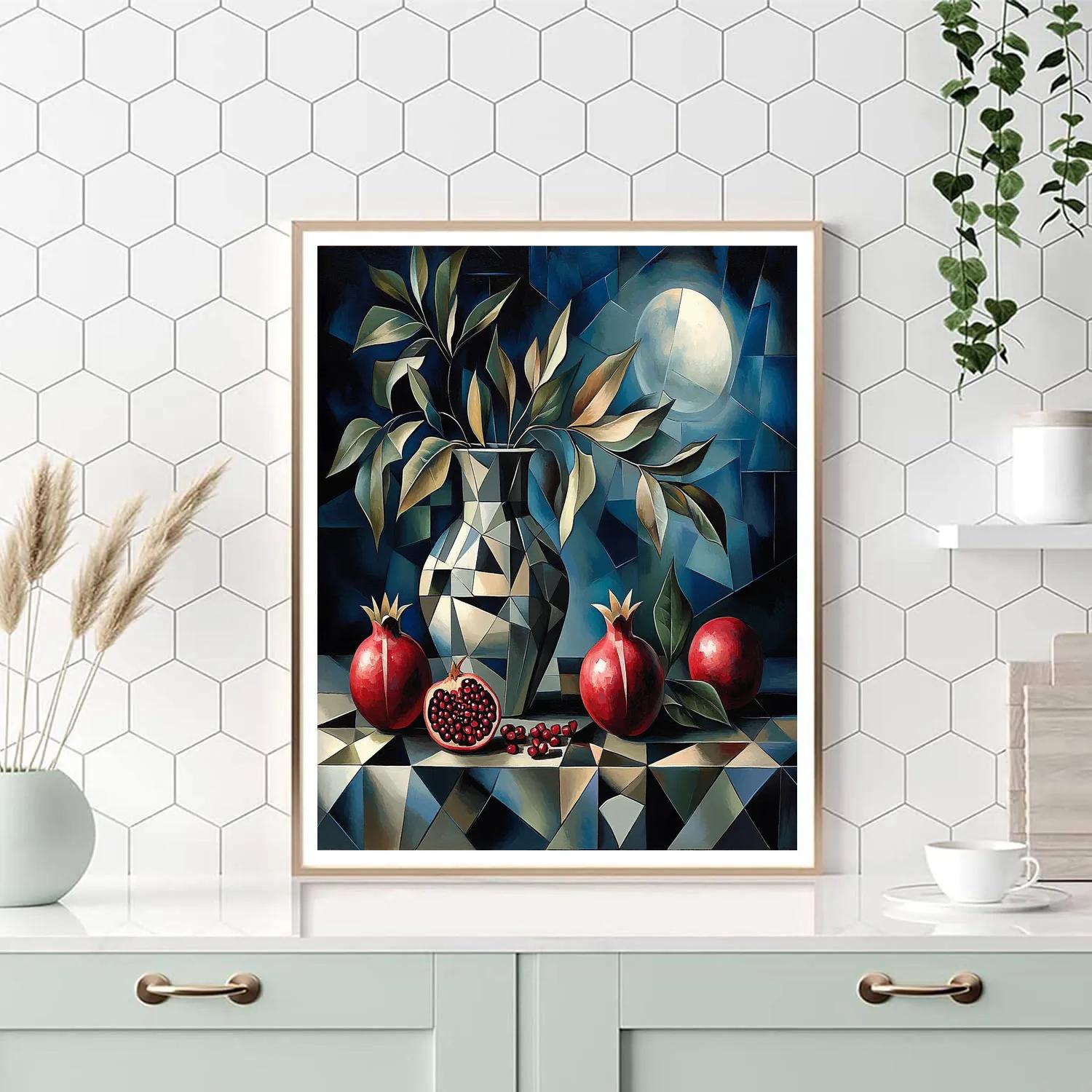 Pablo Picasso Inspired Fractured Still Life Of Pomegranates And Moonlit Vase paint by number