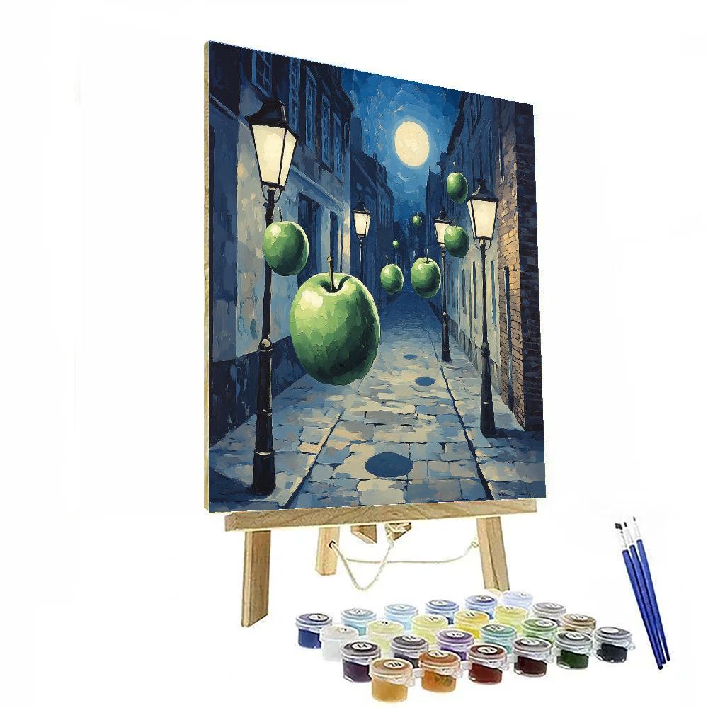 Rene Magritte Inspired Floating Apples Over Moonlit Street Numbered painting kits