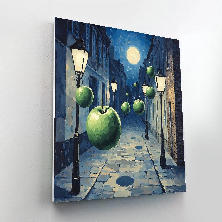 Rene Magritte Inspired Floating Apples Over Moonlit Street Numbered painting kits