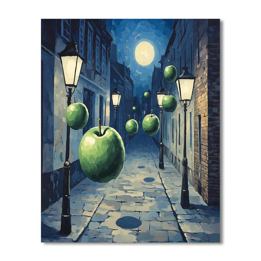 Rene Magritte Inspired Floating Apples Over Moonlit Street Numbered painting kits