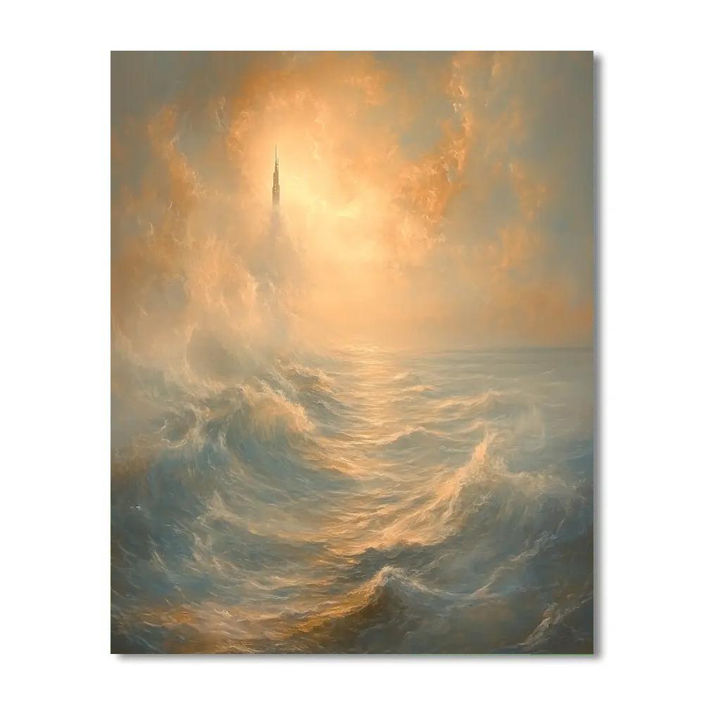 JMW Turner Inspired Ocean Sunrise With Distant Space Station painting number kit