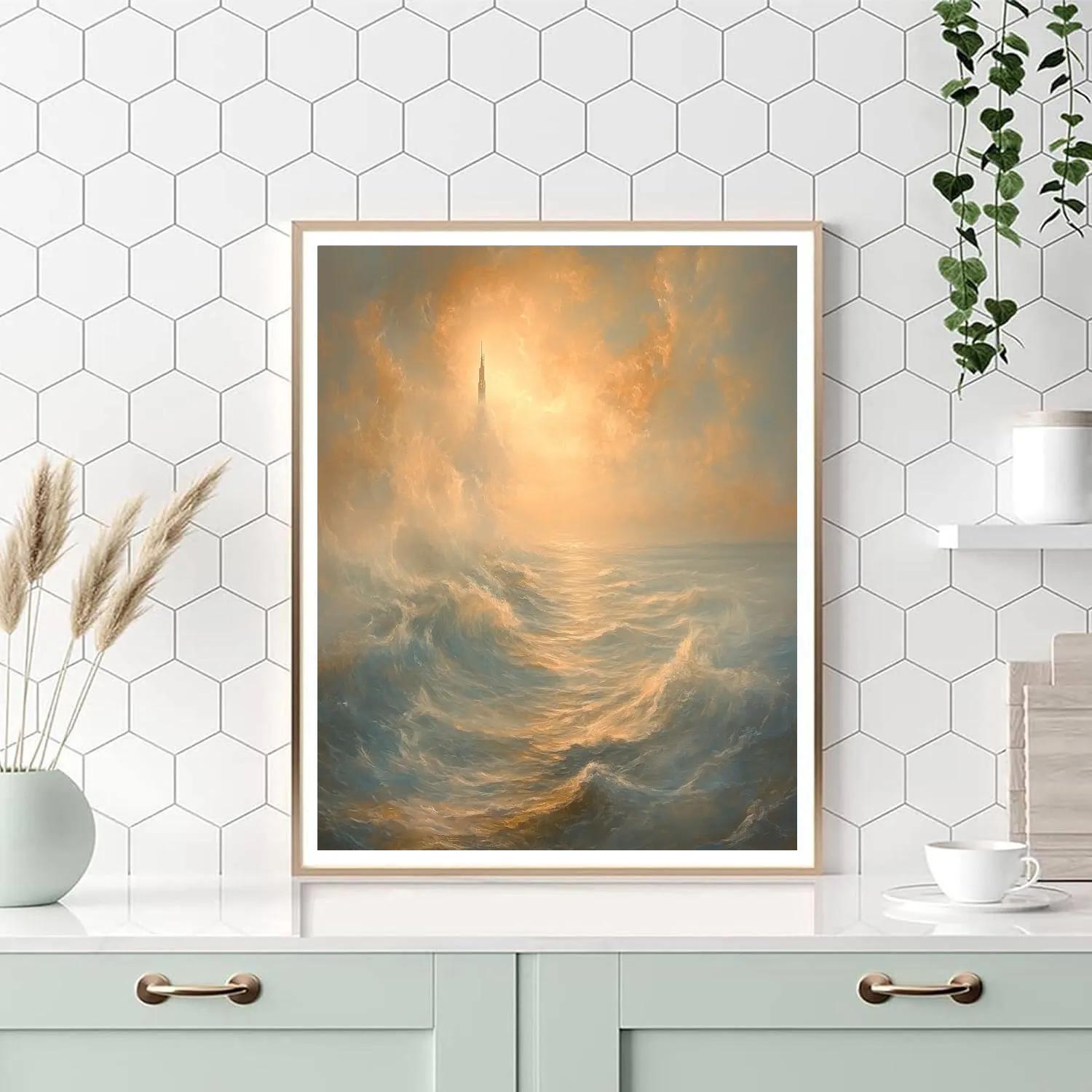 JMW Turner Inspired Ocean Sunrise With Distant Space Station painting number kit