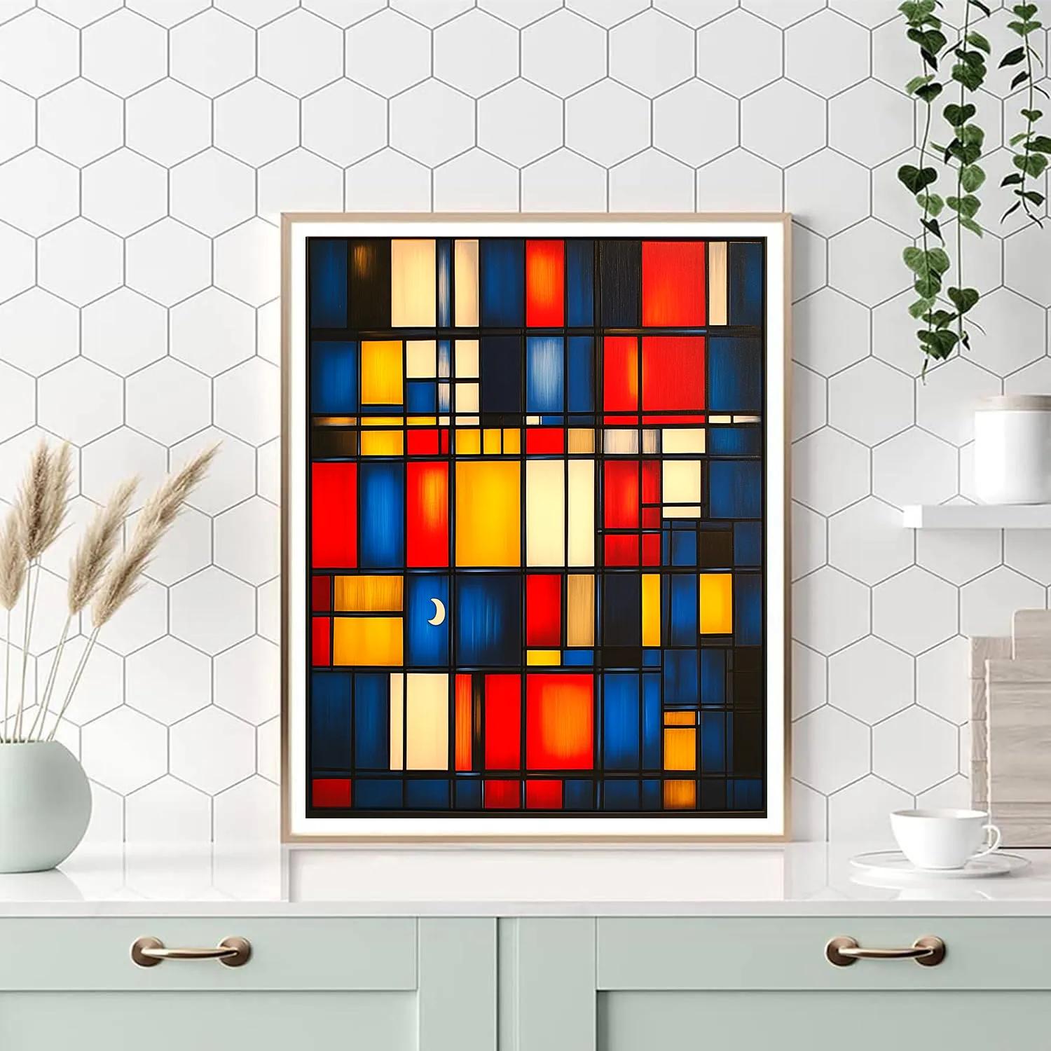Piet Mondrian Inspired Futuristic City Grid At Night paint by color