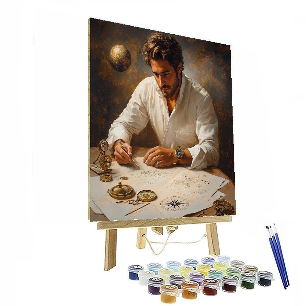 Leonardo Da Vinci Inspired Renaissance Engineer With Planet Sketches Paint by numbers kits