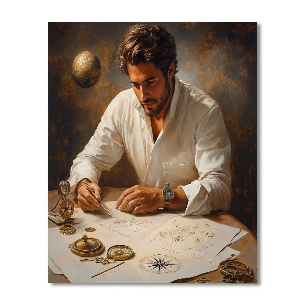 Leonardo Da Vinci Inspired Renaissance Engineer With Planet Sketches Paint by numbers kits