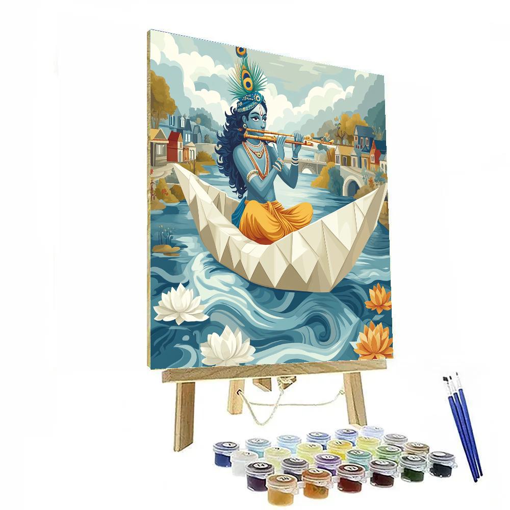Krishna Playing Flute On A Paper Boat River paint by numbers