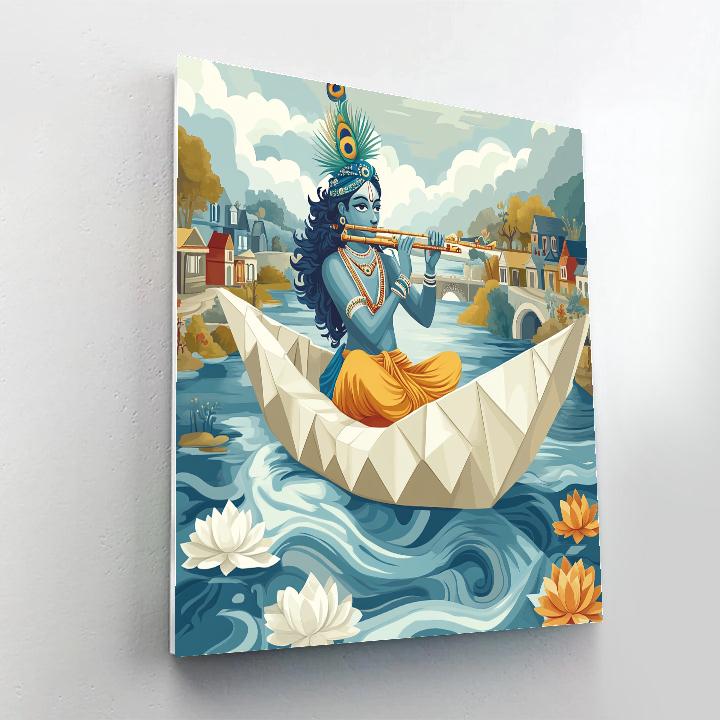 Krishna Playing Flute On A Paper Boat River paint by numbers
