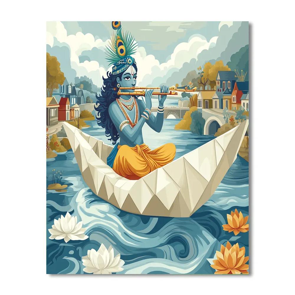 Krishna Playing Flute On A Paper Boat River paint by numbers
