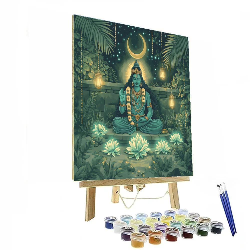 Vishnu Watching Over A Night Garden Of Bioluminescent Tulsi Painting by numbers kit