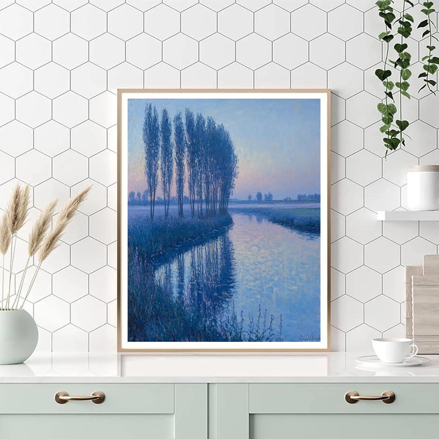 Claude Monet Inspired Frosted Poplar Riverbank At Blue Hour Number painting