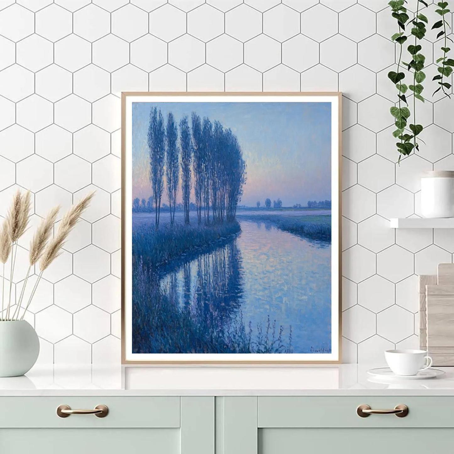 Claude Monet Inspired Frosted Poplar Riverbank At Blue Hour Number painting