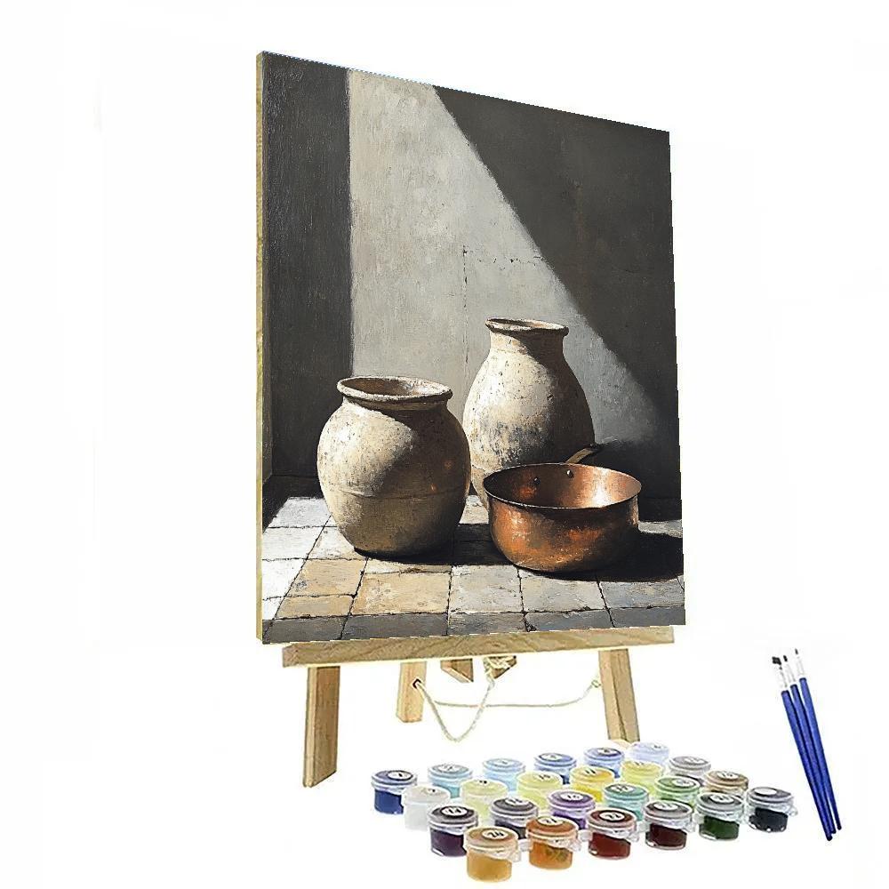 Diego Velázquez Inspired Silvery Bodegon Of Earthenware Jars And Copper Reflections painting number kit