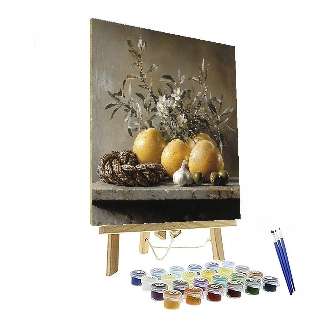 Diego Velázquez Inspired Market Still Life Of Quinces Garlic And Olive Branches In Misty Light DIY paint by numbers