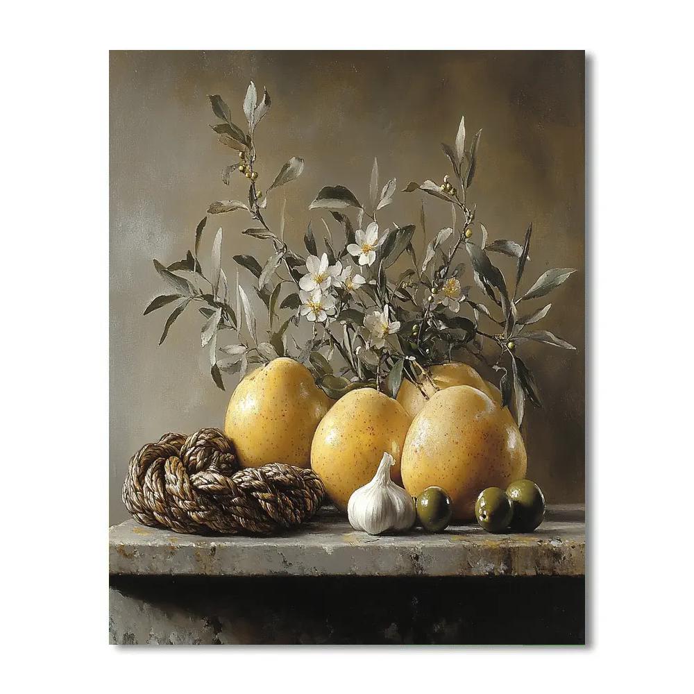 Diego Velázquez Inspired Market Still Life Of Quinces Garlic And Olive Branches In Misty Light DIY paint by numbers