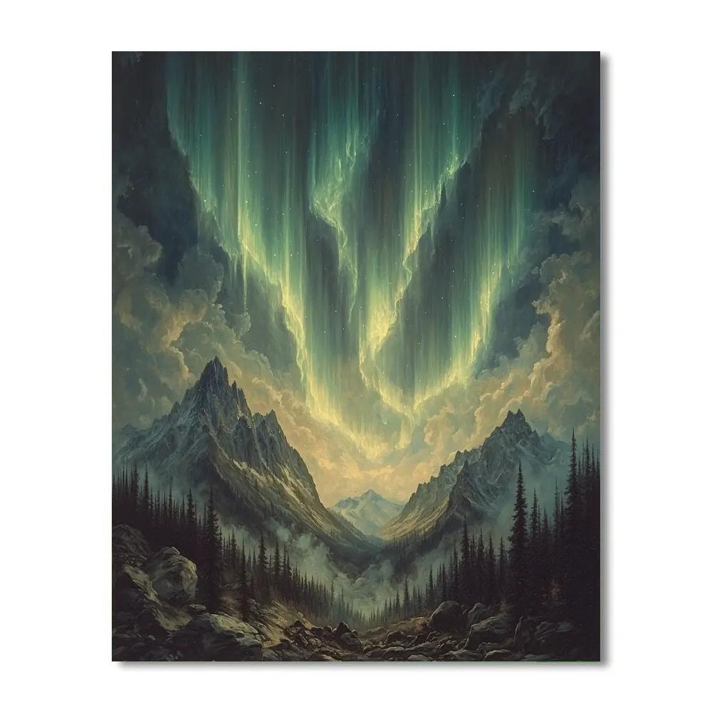 Leonardo Da Vinci Inspired Aurora Over Quiet Mountains paint by color