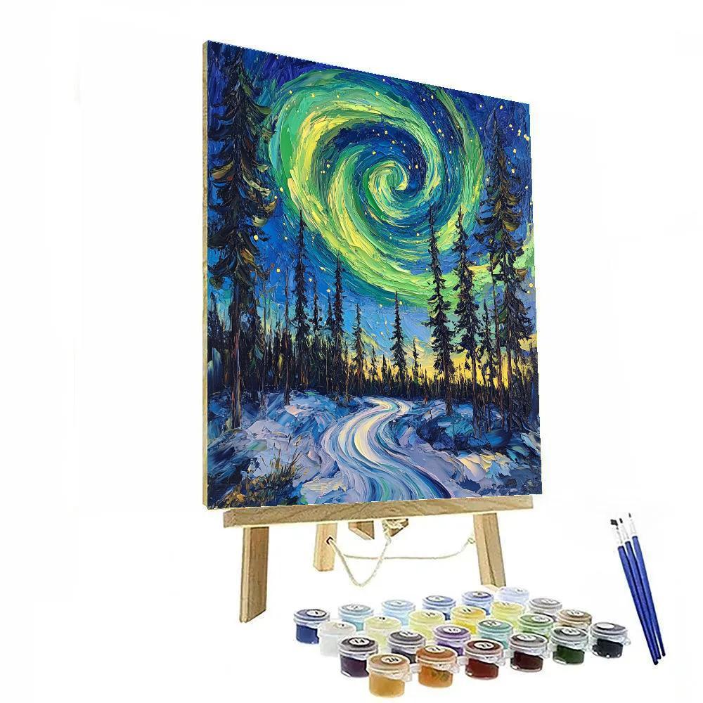 Van Gogh Inspired Aurora Over Pine Forest paint by color
