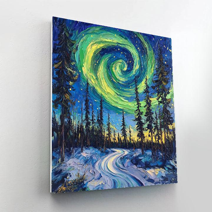 Van Gogh Inspired Aurora Over Pine Forest paint by color