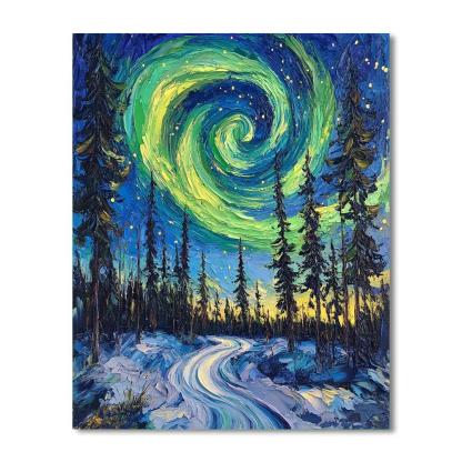 Van Gogh Inspired Aurora Over Pine Forest paint by color