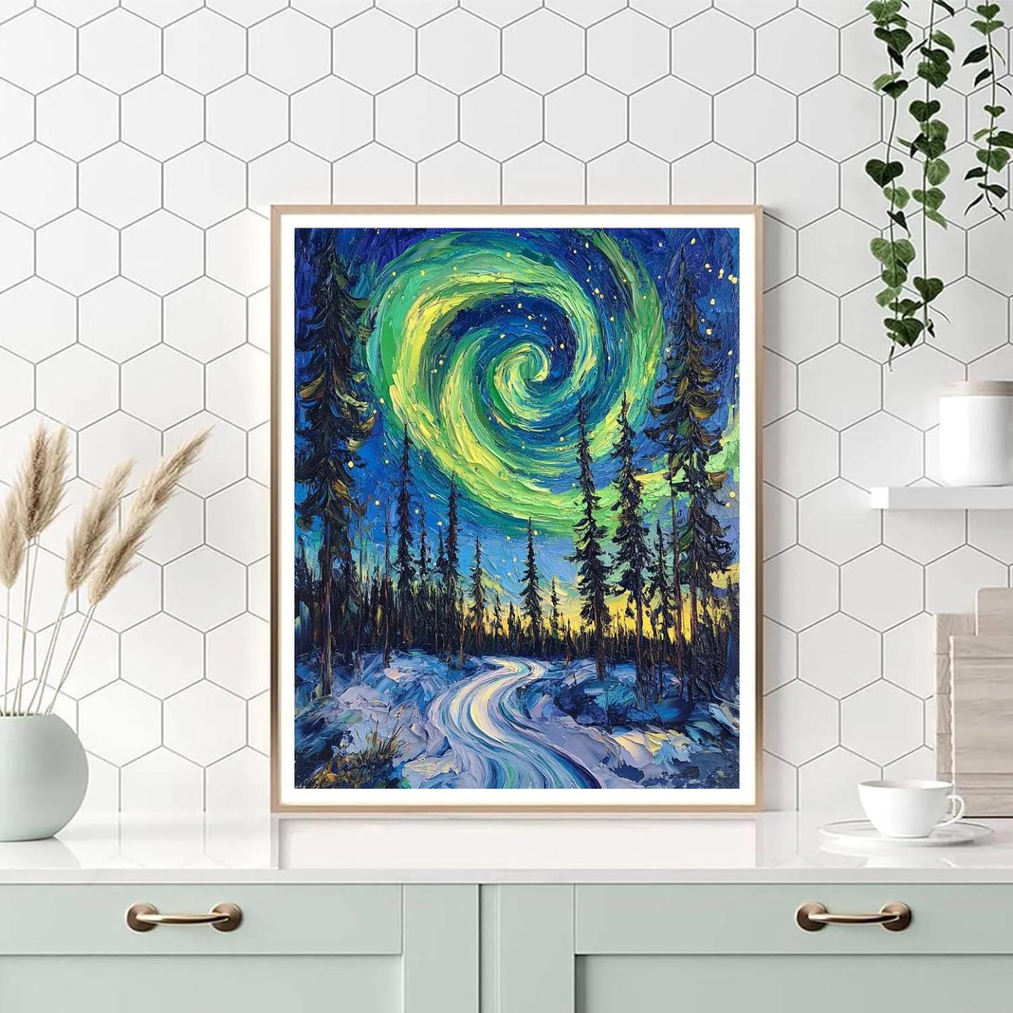 Van Gogh Inspired Aurora Over Pine Forest paint by color