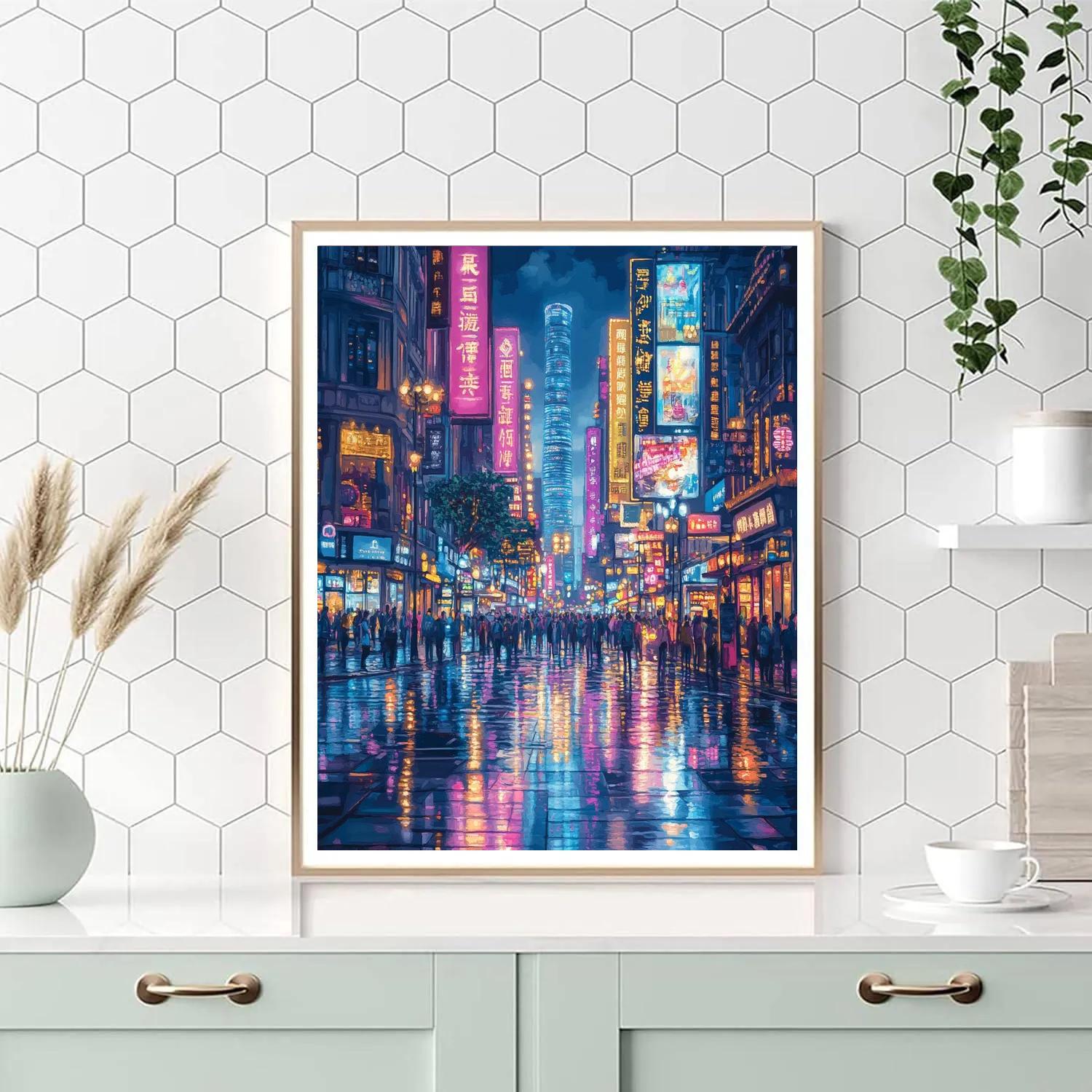 Neon Night At Nanjing Road Pedestrian Street Shanghai China painting number kit