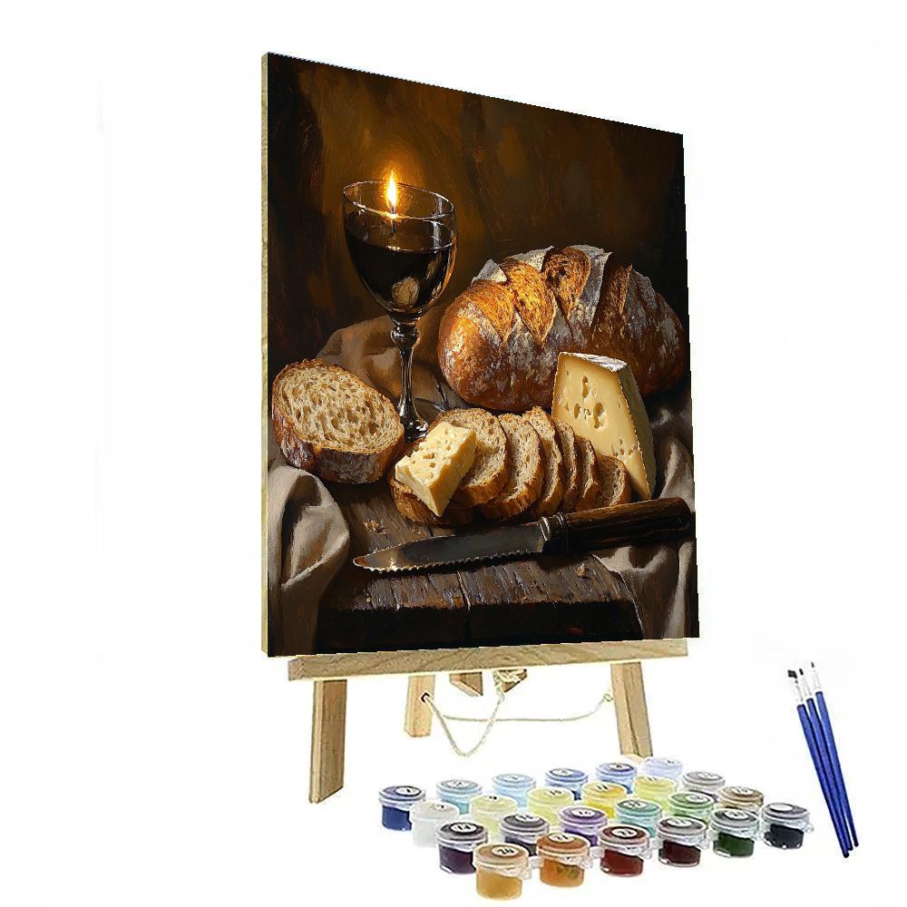 Rembrandt Inspired Candlelit Still Life With Bread And Cheese paint by color