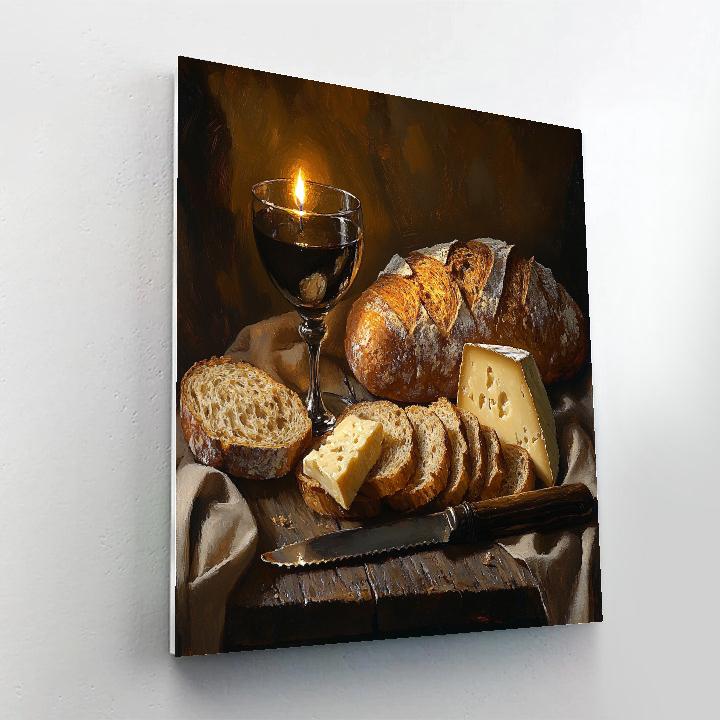 Rembrandt Inspired Candlelit Still Life With Bread And Cheese paint by color
