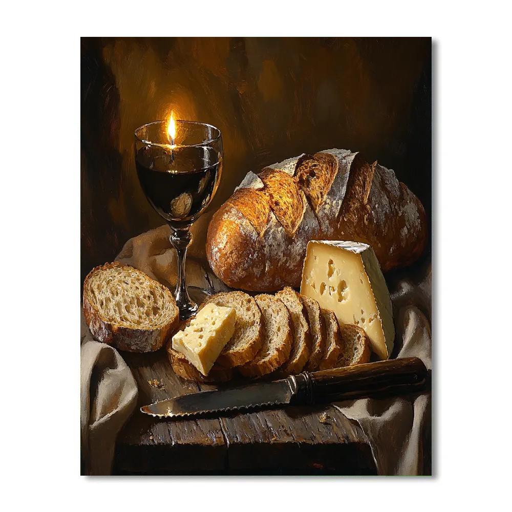 Rembrandt Inspired Candlelit Still Life With Bread And Cheese paint by color