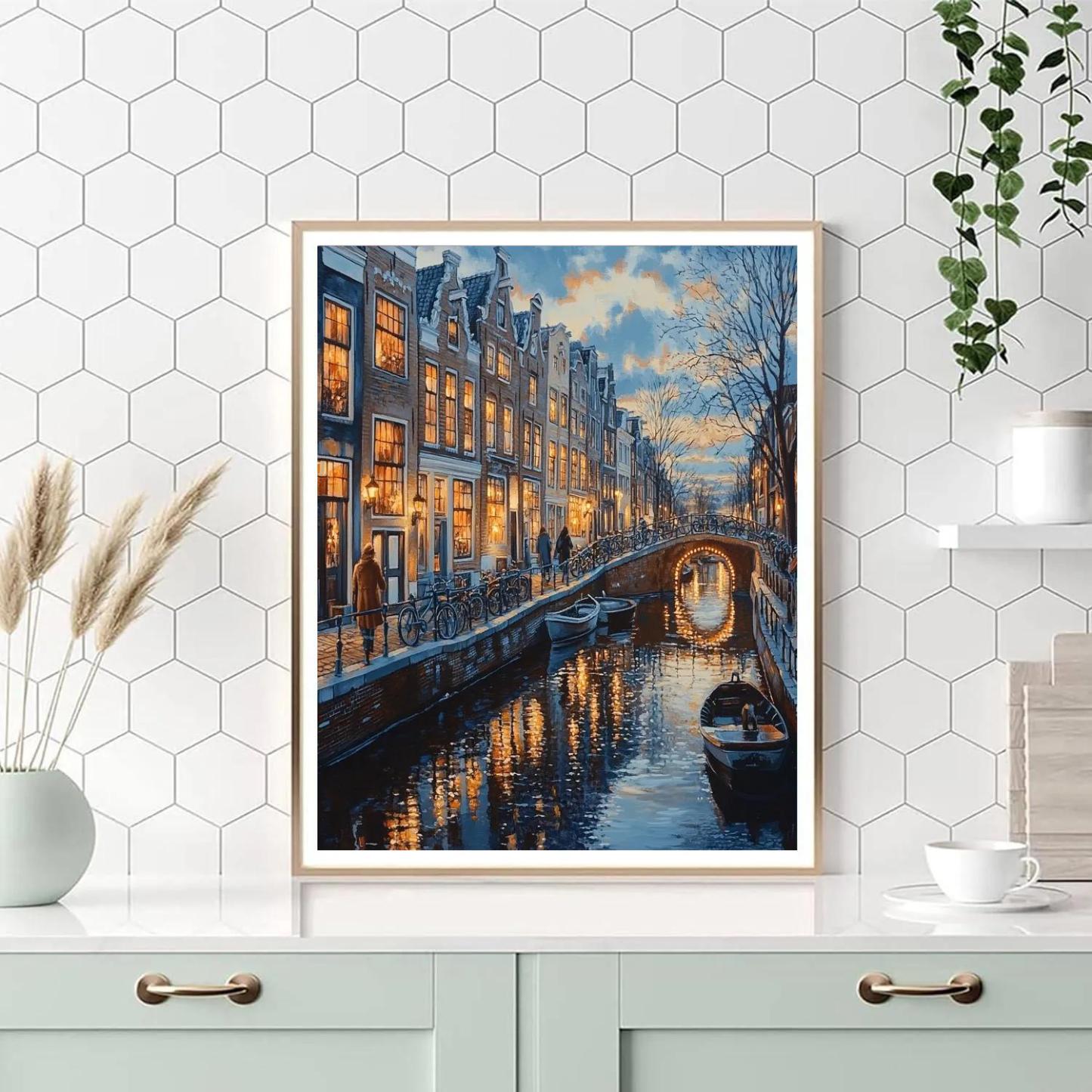 Canal Ring At Dusk In Jordaan Amsterdam Netherlands Numbered painting kits