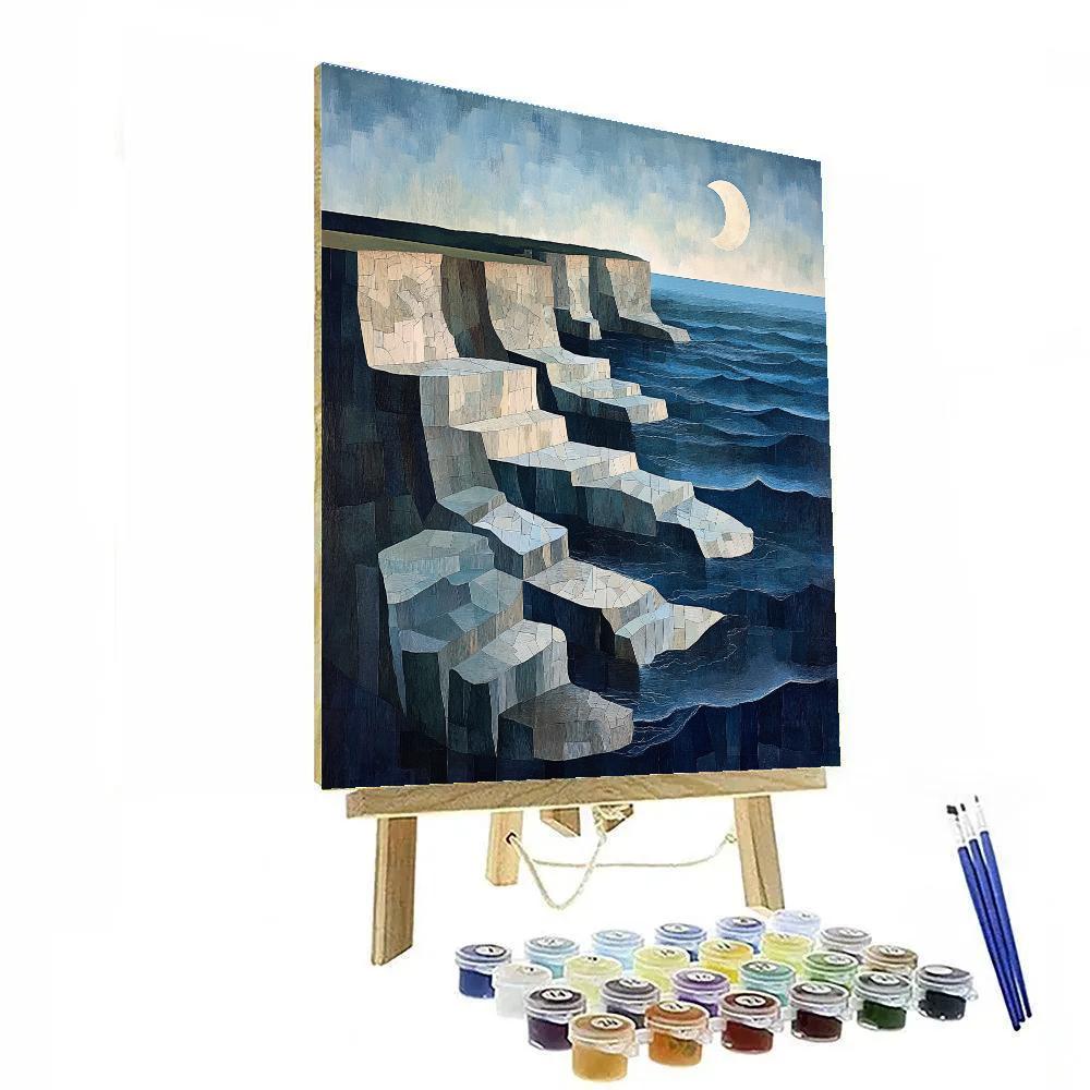 Pablo Picasso Inspired Fractured Coastal Cliffs Under A Split Moon paint by numbers