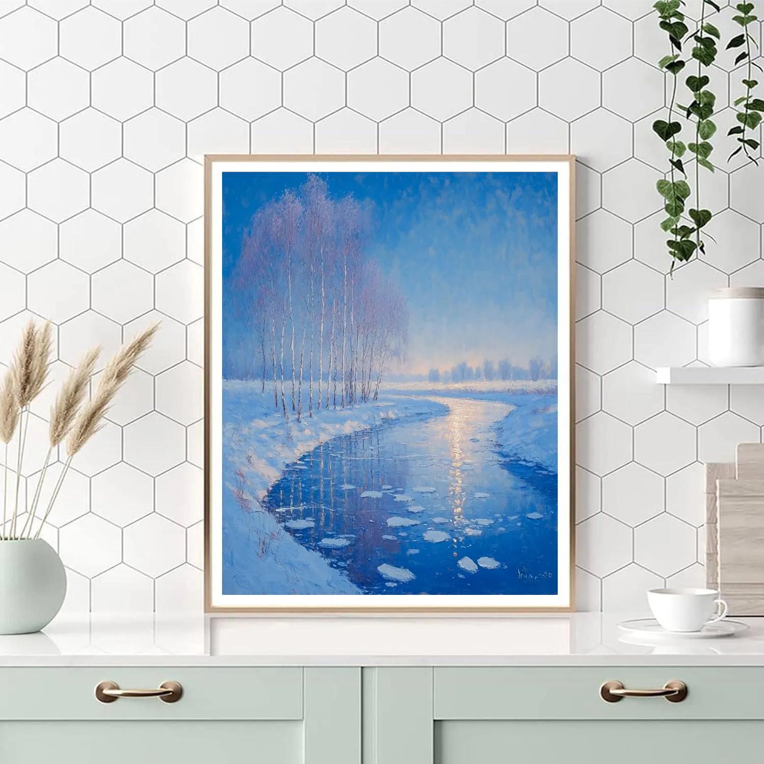 Claude Monet Inspired Frosted Poplar Riverbank At Blue Hour paint by color